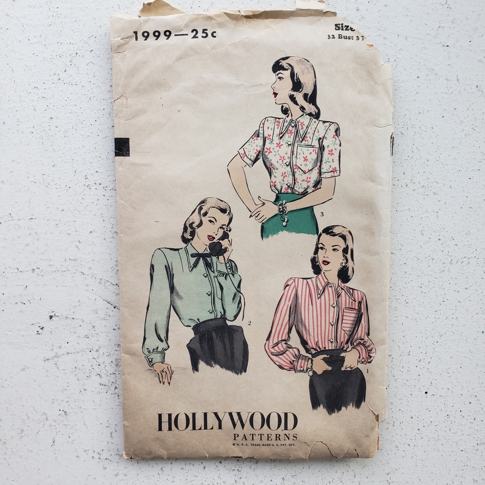 1940s Vintage Hollywood Pattern 1999 Blouse Top Shirt Sewing Pattern